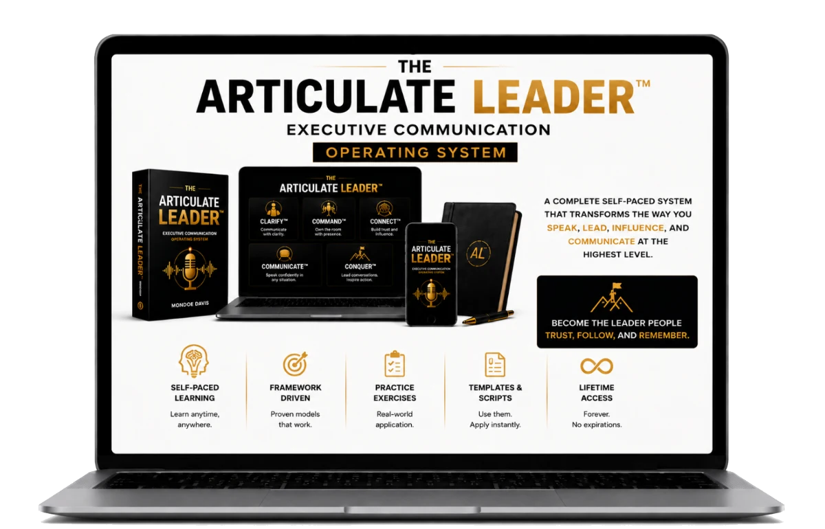 The Articulate Leader course on laptop, phone, and workbook